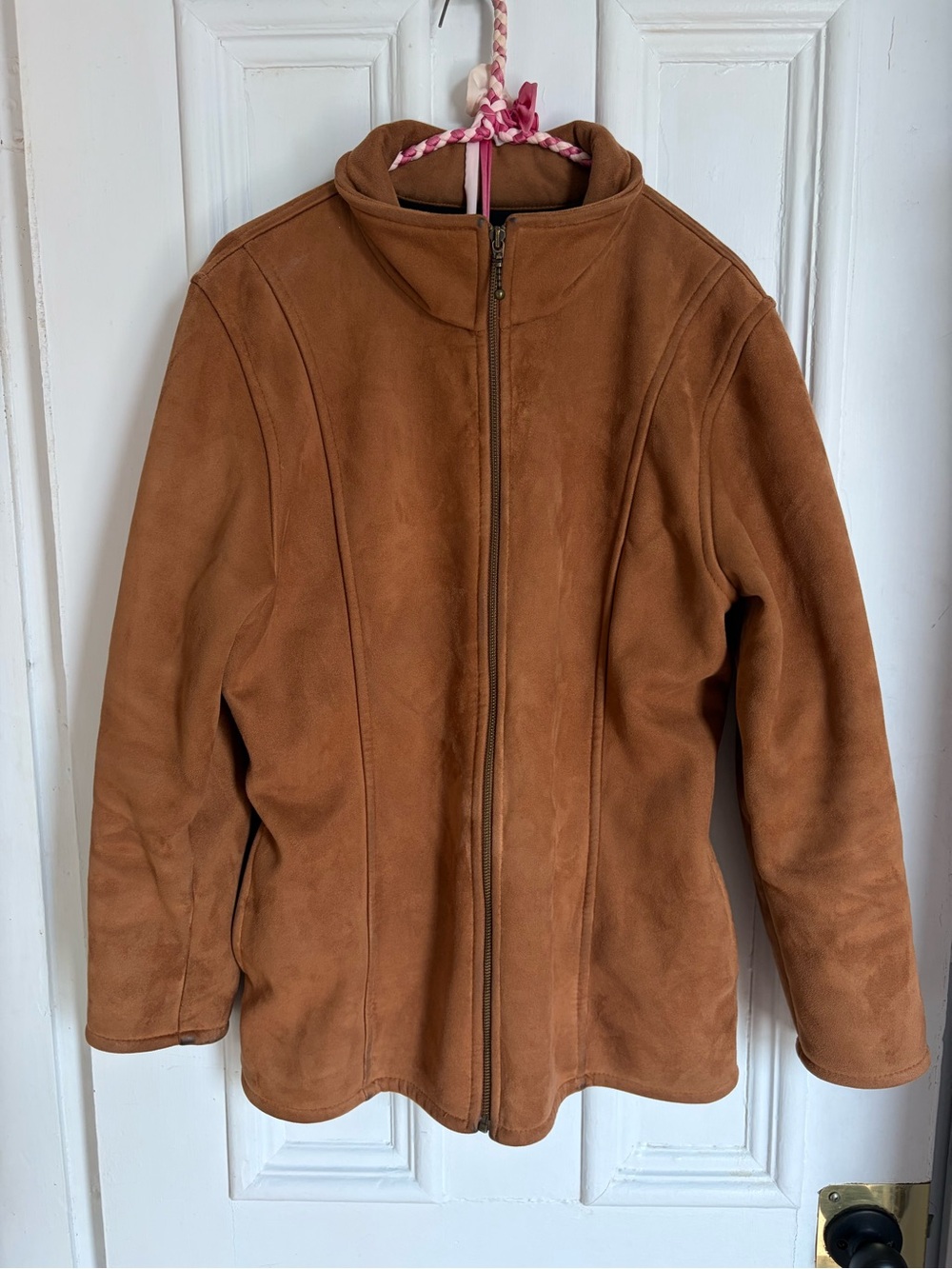 Vintage Women's Fleece Lined Suede-Look Zip Front Brown Jacket